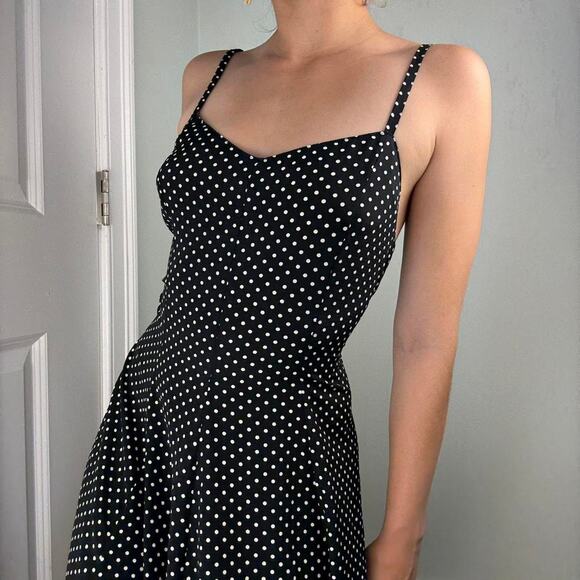 Black white polka dot midi dress vintage with spaghetti straps a-line - Picture 2 of 8